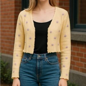 Lush Yellow Purple Floral Embroidered Cropped Cardigan Small